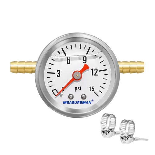 Vista 20 de MEASUREMAN - Manómetro, 0 a 15 psi, relleno glicerina, esfera 1.5 pulgadas, caja acero inoxidable 304, montaje central posterior 1/8 NPT, adaptador