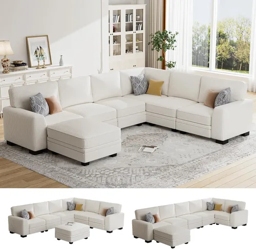 Vista 24 de Legend Vansen Sofá modular de gran tamaño, sofá reversible en forma de U con otomana, sofá de pana de asiento profundo para sala de estar, 6 plazas
