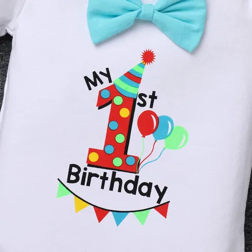 Vista 5 de Conjunto de traje de banderín para el primer cumpleaños de bebé niño, pajarita, pantalones cortos, tirantes en la espalda en Y, sesiones de fotos