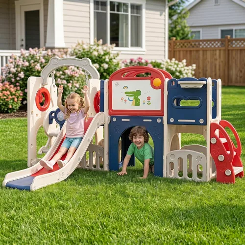 Vista 9 de Conjunto de juegos al aire libre 12 en 1 para niños pequeños con columpio, columpio interior y conjunto de tobogán, parque de juegos para niños