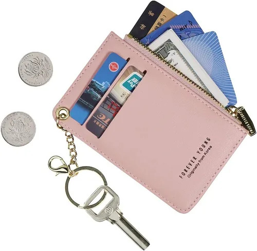 Vista 25 de Carteras pequeñas para mujer, tarjetero de piel delgado, cartera de monedas con llavero