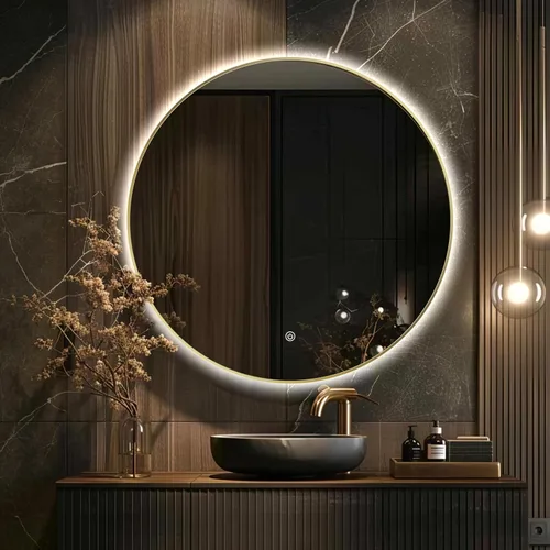 Vista 11 de Espejo de Baño LED Redondo de 24", Espejo de Tocador Retroiluminado Montado en Pared con Marco Biselado de 45°, Espejo Iluminado para Dormitorio
