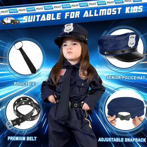 Vista 6 de Disfraz de oficial de policía para niños, uniforme de policía para niños, disfraces de Halloween para niños y niñas, disfraz de policía, kit
