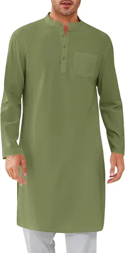 Vista 14 de Bata de caftán para hombre, con botones, manga larga, estilo Henley, de algodón, casual, con abertura lateral Blanco