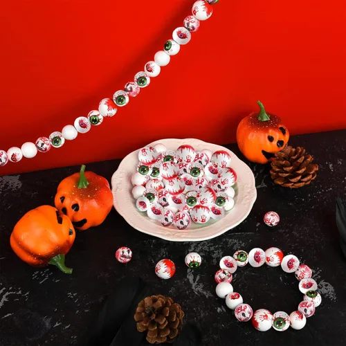 Vista 5 de 40 cuentas de madera de Halloween, decoración de Halloween, estampado de palmas sangrientas, cuentas de madera con patrón de globo ocular, atmósfera