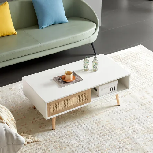 Vista 3 de AMNOOL Mesa auxiliar rectangular de ratán de 41.34 pulgadas, mesa central de madera para sofá, puerta corrediza, patas de madera maciza, se puede