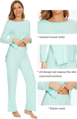 Vista 4 de WiWi Conjunto de pijama para mujer, súper suave, manga larga, ropa de dormir, ropa de dormir, ropa de descanso, viscosa de bambú, S-XXL A-aqua