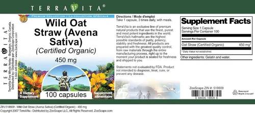 Vista 3 de Paja de Avena Salvaje (Avena Sativa) (Certificado Orgánico) - 450 mg (100 Cápsulas, ZIN: 518609)