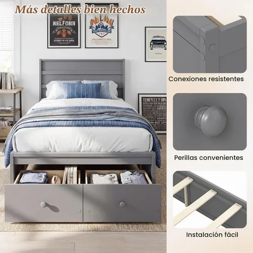 Vista 9 de KOMFOTT Cama individual con 2 cajones, cama de almacenamiento individual con soporte de listones sólidos, cabecera y estribo, marco de cama de Gris