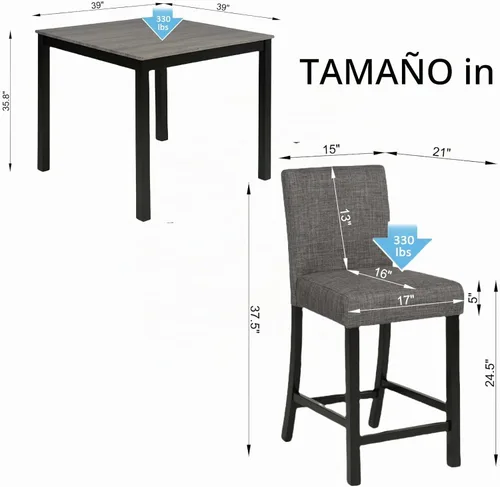 Vista 2 de Juego de mesa de comedor de 5 piezas para 4, juego de cocina de altura de mostrador con mesa cuadrada de madera y 4 sillas, sillas de sala
