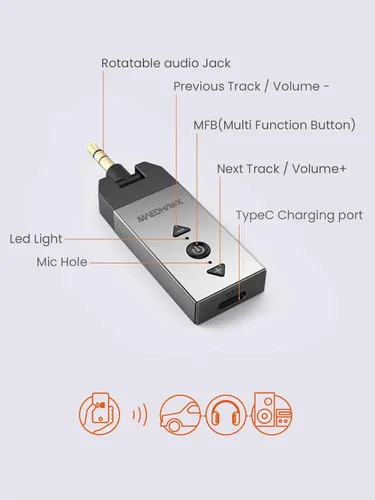 Vista 7 de Maedhawk Adaptador auxiliar Bluetooth 5.2 para auriculares estéreo de coche, receptor de audio inalámbrico con conector giratorio de 0.138 in