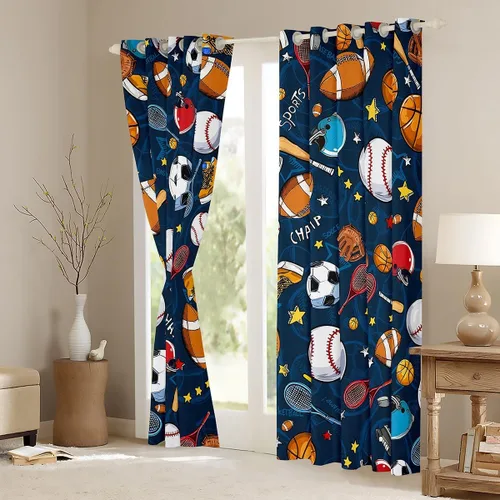 Vista 3 de Erosebridal Cortinas de baloncesto de béisbol, fútbol, rugby, tratamiento de ventanas para niños, niñas, adolescentes, con temática de deportes