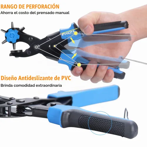 Vista 3 de Preciva Alicates perforadores, kit de herramientas de punzonado giratorio con alicates, regla, varilla de molienda, martillo de plástico, 340 Azul