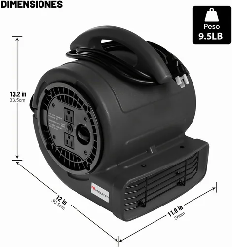 Vista 2 de MOUNTO Ventilador Air Mover de 1/5 hp de 800 cfm, ventilador de secado de pisos, motor de aire compacto de 3 velocidades con doble salida, cable