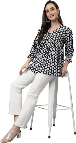 Vista 3 de Janasya Top Peplum de algodón negro con estampado de lunares para mujer india