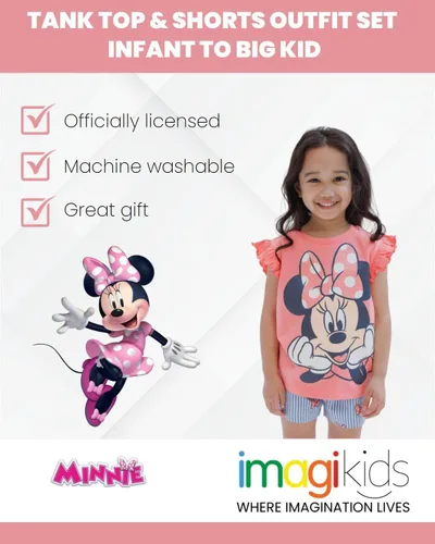 Vista 87 de Disney Minnie Mouse - Conjunto de camiseta floral arcoíris y pantalones cortos de cambray, tallas de bebé a niño grande (12 meses - 14-16)