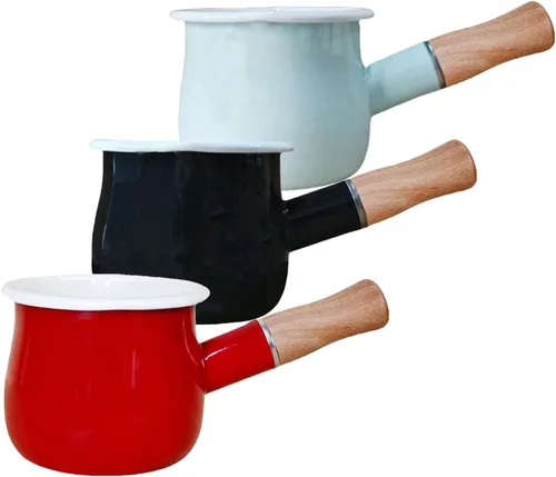 Vista 2 de Mini Olla de Leche Esmaltada de 0.6 Cuartos con Mango de Madera Aislado, 2 Picos Vertedores, Calentador de Alimentos Pequeño, Cacerola Bonita