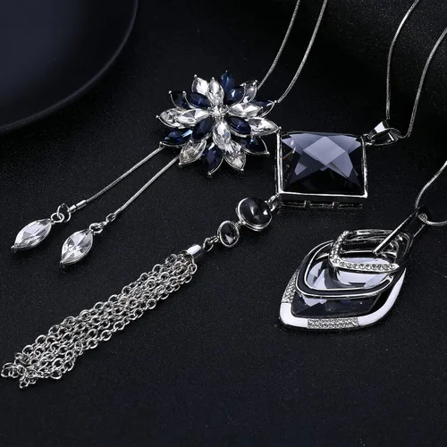 Vista 6 de Fansilver Collar largo para mujer, collar tipo suéter, collar en Y, barra dorada, plumas, borlas, hojas, triángulo, leopardo, círculo, diamantes