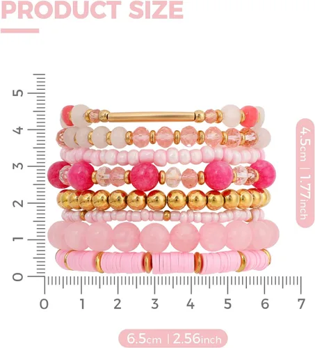 Vista 2 de IDEAJOY Pulseras rosas bohemias de cuentas de varias capas apilables, conjunto de 8 piezas de hebra elástica versátil con cuentas brillantes