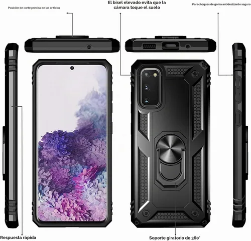 Vista 4 de Androgate Funda para Samsung Galaxy S20 FE con protectores de pantalla de cristal, soporte de anillo de metal de grado militar con soporte de Negro