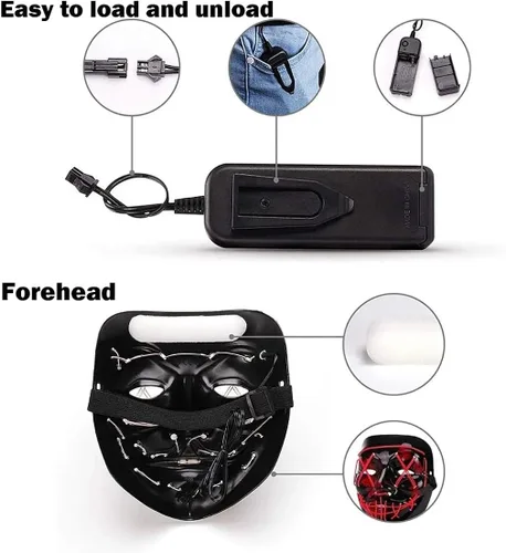 Vista 4 de HORHEAR Máscara de Halloween con luz LED paquete de 2 máscaras de sonrisa aterradora para mujeres y hombres disfraz de cosplay rave fiesta festival