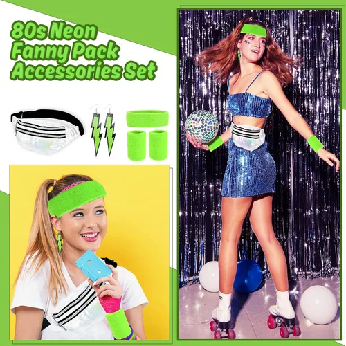 Vista 5 de Abitoncc 80s Women's Costumes Accessories Set Halloween Retro 80s Pink Neon Leg Warmers Headband Fanny Pack Wristbands Gloves