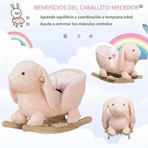 Vista 3 de Qaba Caballo mecedor para bebé, conejo de peluche con sonido simulado, base de madera, cinturón de seguridad, mecedora de relleno para niños de 18 a