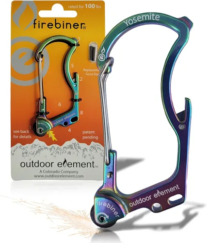 Vista 25 de OUTDOOR ELEMENT Firebiner Custom Engraved 6-in-1 Fire Starter Carabiner Multitool – Survival Gear EDC Keychain with Utility Blade, Bottle Opener