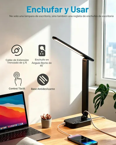 Vista 6 de One Beat Pequeña lámpara LED de escritorio, cable de extensión de 5 pies con 3 tomas, 4 puertos USB (2 USB C), 4 modos, lámpara táctil de 5 niveles