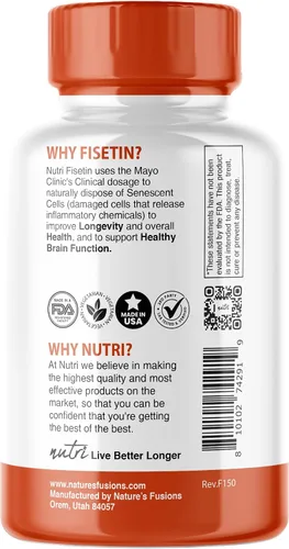 Vista 3 de Nutri Fisetin 500mg 32 unidades - Dosis clínica - Suplementos de fisetina - Potente activador senolítico, antioxidante, soporte cardíaco