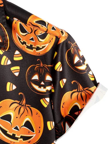 Vista 4 de VATPAVE Camisas de manga corta con botones de calabaza de Halloween para hombre