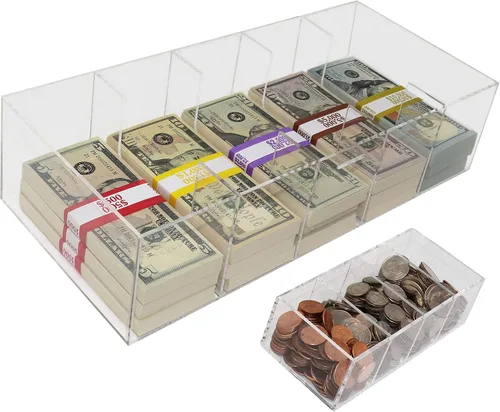 Vista 2 de Bandeja de dinero de acrílico con inserto de bandeja para monedas, organizador de efectivo transparente de 5 compartimentos, caja de almacenamiento
