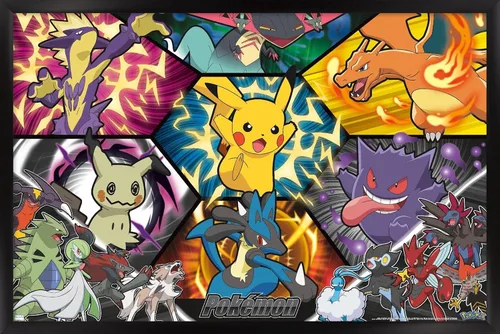 Vista 8 de Trends International Pokémon: Battle Art - Póster de pared de grupo, 22.4 pulgadas de largo x 14.7 pulgadas, versión enmarcada en madera de granero