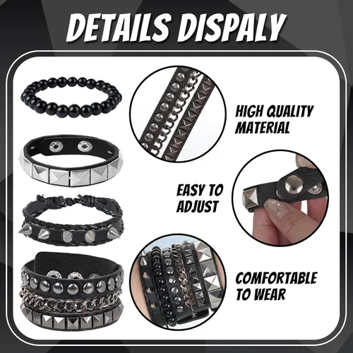 Vista 3 de HOVEOX 4 pulseras punk rock tachonadas pulsera gótica de cuero para hombres y mujeres, joyería gótica, accesorios punk, joyería emo para hombres