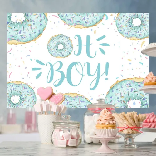 Vista 3 de Lofaris Telón de fondo Oh Boy para baby shower, dona azul y verde para fiesta de niños, lunares coloridos, confeti, fotografía, telón de fondo