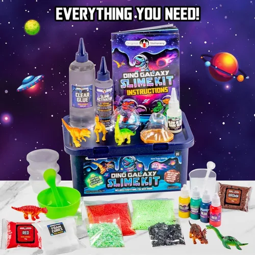 Vista 7 de Original Stationery Kit de slime de galaxia de dinosaurios para niños de 7 a 12 años, juego de slime DIY que brilla en la oscuridad con purpurina