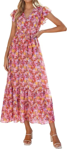 Vista 37 de PRETTYGARDEN Vestido largo bohemio floral de verano para mujer Melocotón Floral