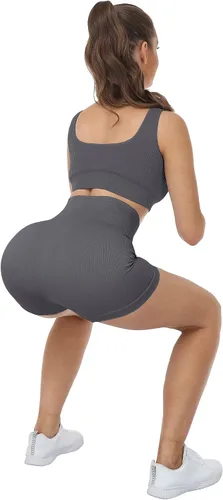 Vista 5 de LZYVOO Pantalones cortos de entrenamiento de 4 piezas para mujer, cintura alta, acanalados, sin costuras, pantalones cortos de ciclismo de elastano