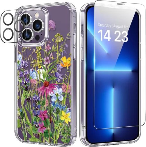 Vista 10 de bicol Funda para iPhone 14 Plus con Protector de Pantalla y Lente de Cámara - Diseños Florales de Moda para Mujeres y Niñas - Funda Transparente