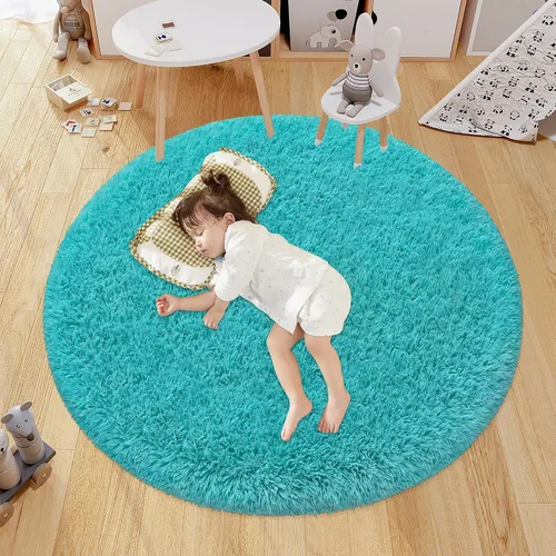 Vista 23 de Alfombra circular pequeña para dormitorio, 2 x 2 pies, color azul, para decoración de habitación de niños, redonda esponjosa para guardería