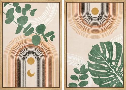 Vista 14 de SIGNFORD Lienzo enmarcado para pared, juego de arte geométrico retro de mediados de siglo, plantas forestales, ilustraciones con formas abstractas