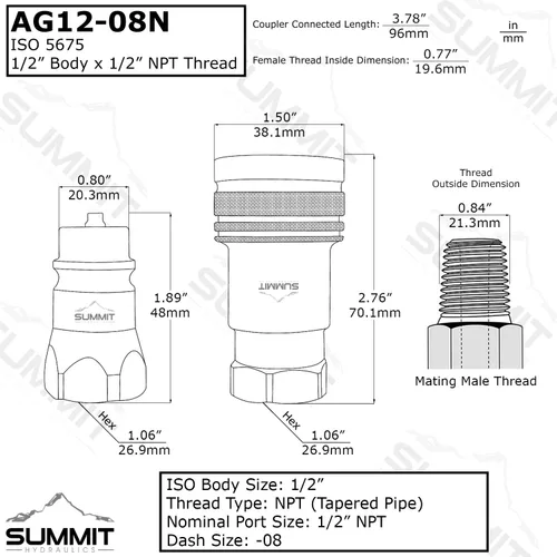 Vista 2 de Summit Hydraulics Acoplador hembra hidráulico del tractor de conexión rápida del 1/2" Ag ISO 5675, estilo pionero de Poppet w/Dust Caps