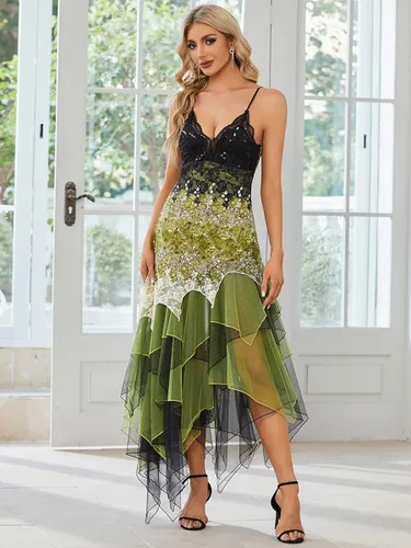 Vista 3 de Ever-Pretty Vestido de cóctel de encaje sin mangas de longitud de té de una línea para mujer 6212B