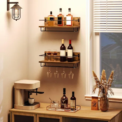 Vista 10 de HOOBRO Estantería de Vino Montada en la Pared Paquete de 2, Estante de Vino Colgante Estanterías Flotantes de Pared, Portabotellas de Vino y Copas