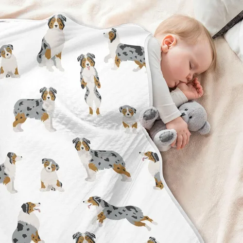 Vista 5 de Ollabaky Manta de algodón de perro pastor australiano para niños y niñas, manta de algodón para cuna, cochecito de bebé, manta de recepción unisex