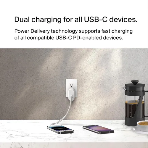Vista 3 de Belkin Bloque de carga dual USB C de 60 W (paquete de 2) con carga súper rápida PPS - Samsung Galaxy S25, Apple iPhone 17, Air, Pro, Pro Max, iPad