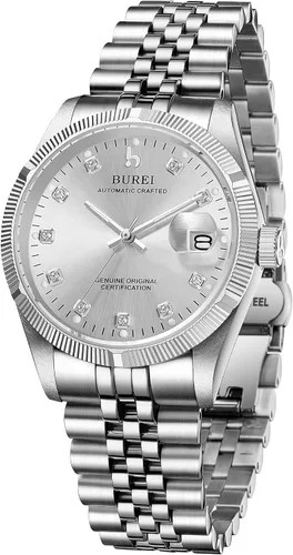 Vista 6 de BUREI Reloj automático para hombre, con fecha, pulsera de acero inoxidable, pulsera ajustable para hombre