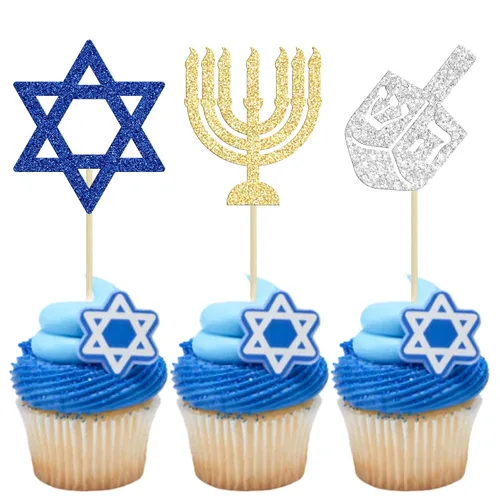 Vista 10 de Gyufise 24 decoraciones para cupcakes de Feliz Hanukkah Star of David, decoraciones para fiestas de Hanukkah, suministros de fiesta temática