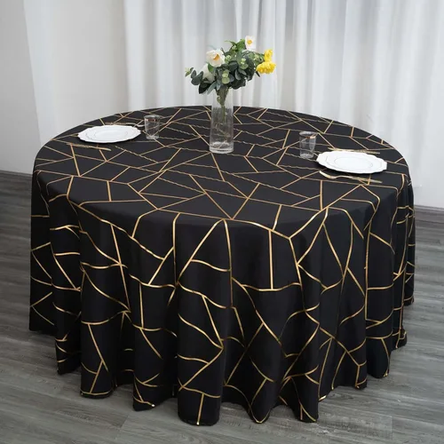 Vista 9 de Efavormart - Mantel redondo de poliéster de 120 pulgadas con patrón geométrico dorado Negro