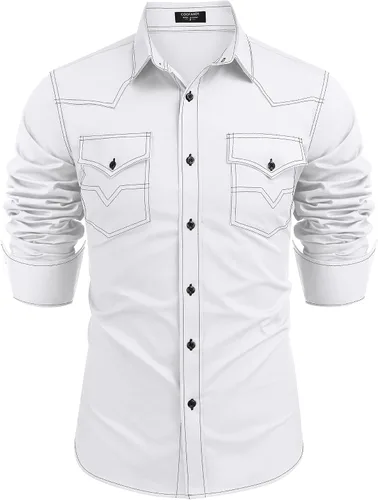 Vista 15 de COOFANDY Camisa vaquera de manga larga para hombre, de algodón, con botones, estilo casual, con bolsillos 01-Negro